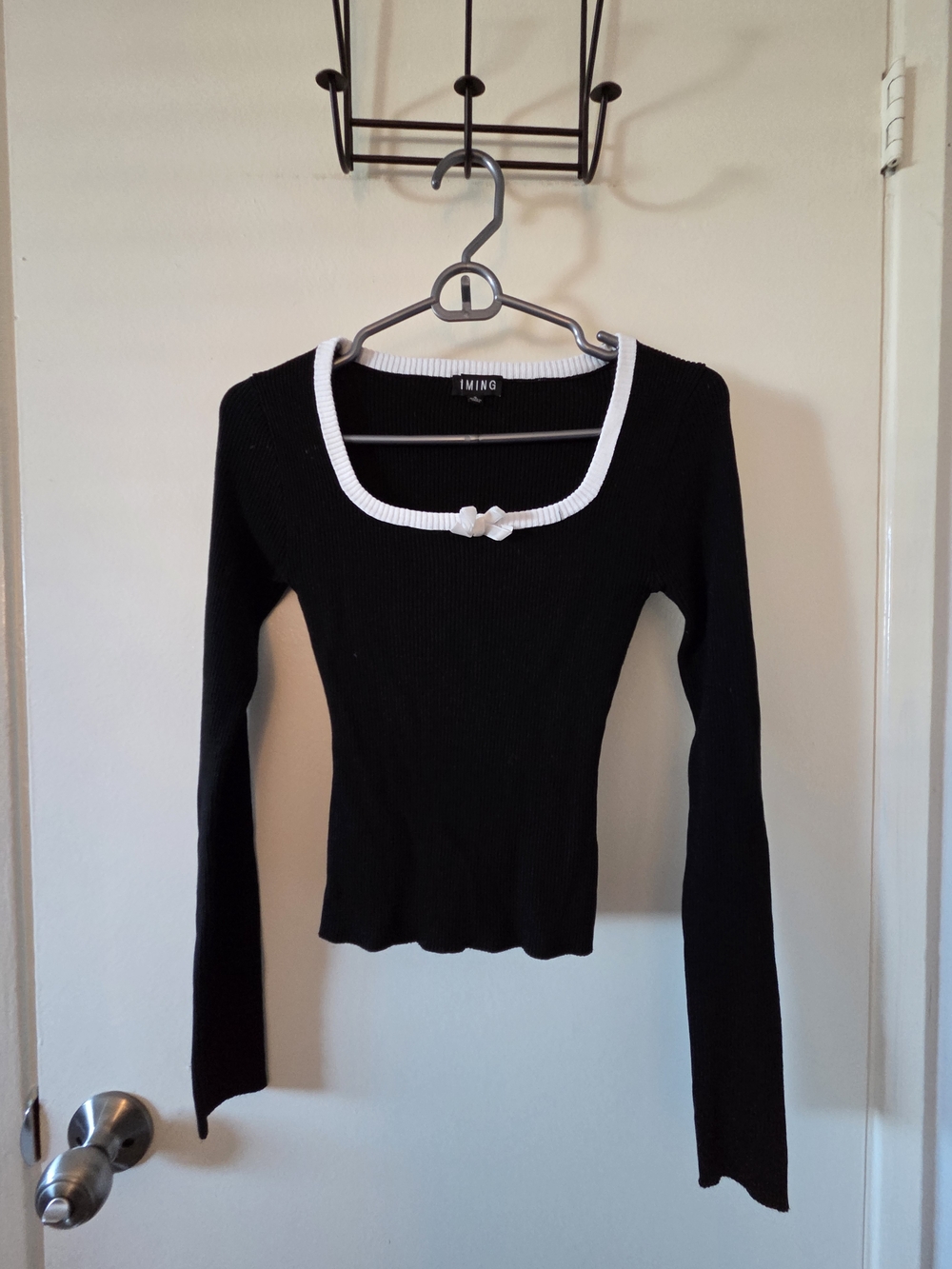 Timing Black Long-Sleeve Ribbed Square-Neck Top with White Trim
